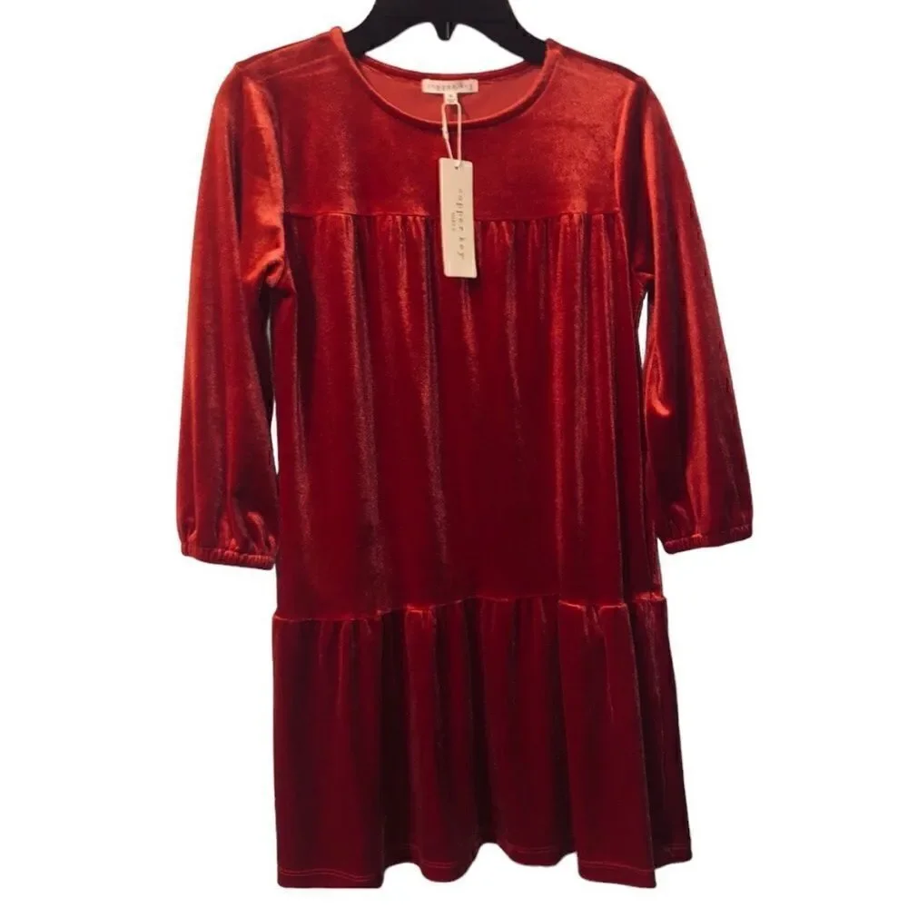 KIDS Girls Cooper Key Holiday Red Velvet Velour Long Sleeves Holiday Dre…